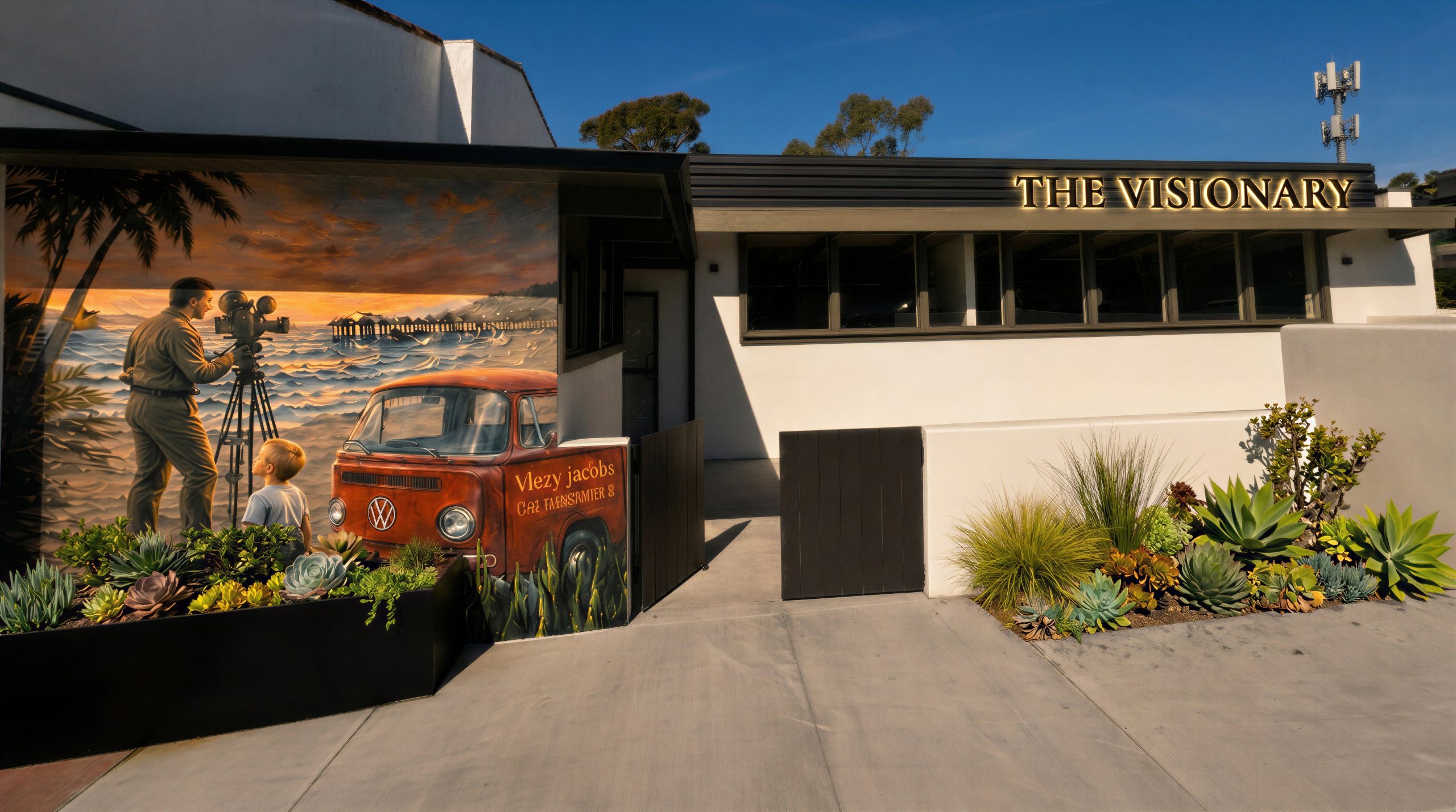 Exterior of a vintage California surf shop reborn as a modern coworking space at golden hour on El Camino Real